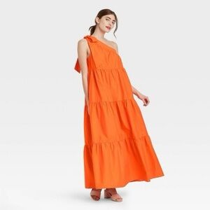 Who What Wear Orange One Shoulder Tiered Maxi Dress XS